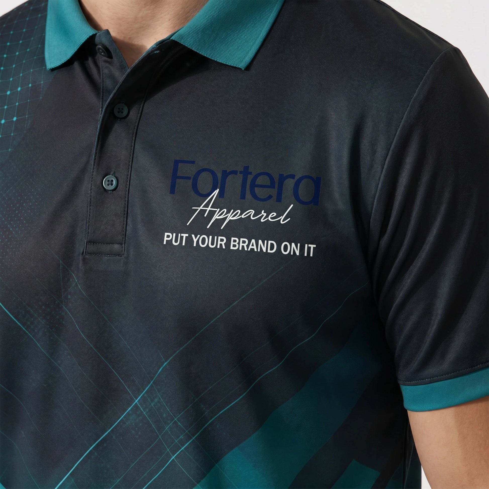 Sublimation Polo Shirt Prism Facet side angle detail - Fortera Apparel