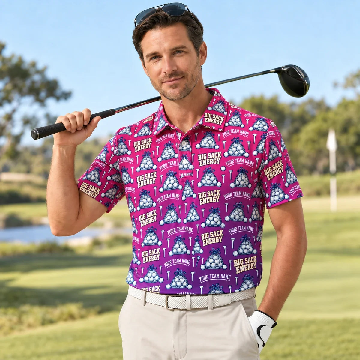 Man wearing the Sublimation Polo Shirt Range Ball Sack funny golf polo on a golf course