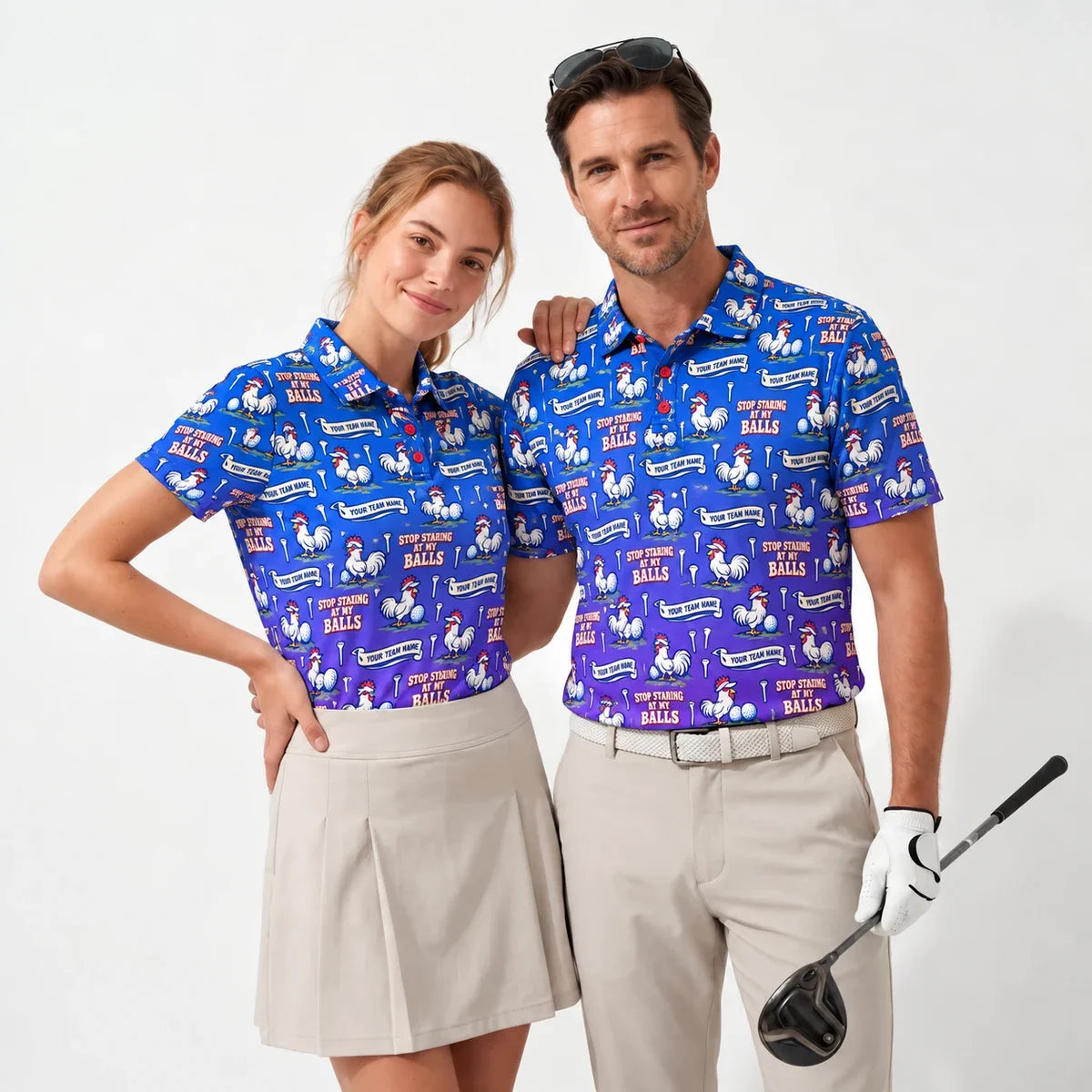 Sublimation Polo Shirt Rooster and Balls funny golf polo worn by two golfers
