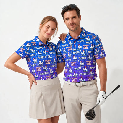 Sublimation Polo Shirt Rooster and Balls funny golf polo worn by two golfers