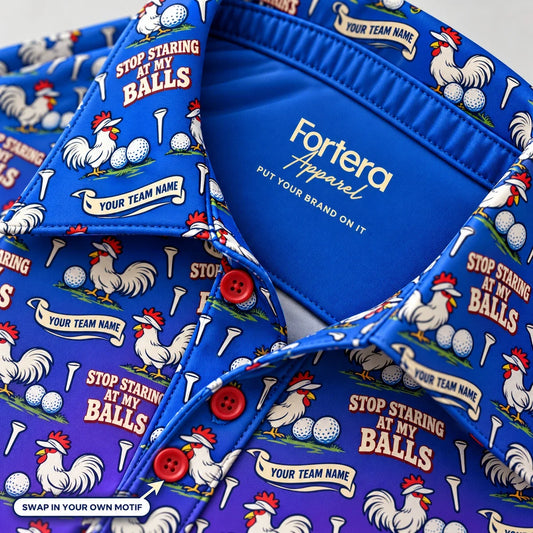 Close-up of the rooster and balls print on the collar of a funny golf polo