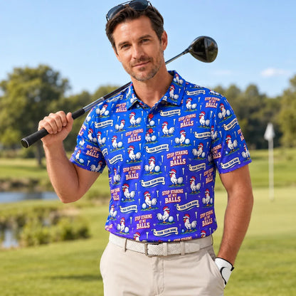 Man wearing the Sublimation Polo Shirt Rooster and Balls funny golf polo on a golf course
