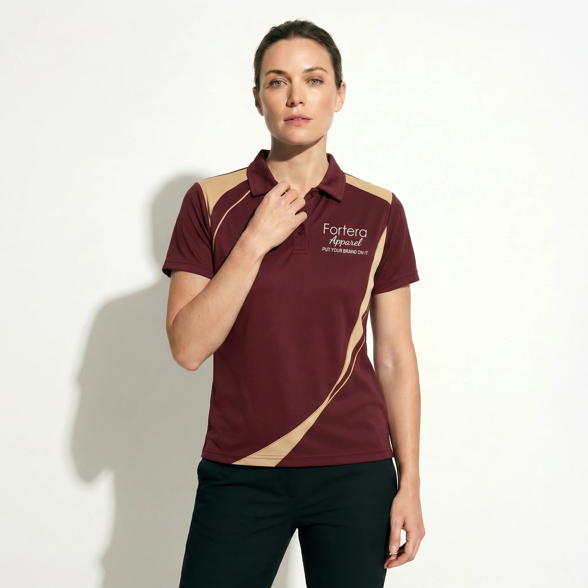 Sublimation Polo Shirt Side Curve close-up chest logo placement - Fortera Apparel