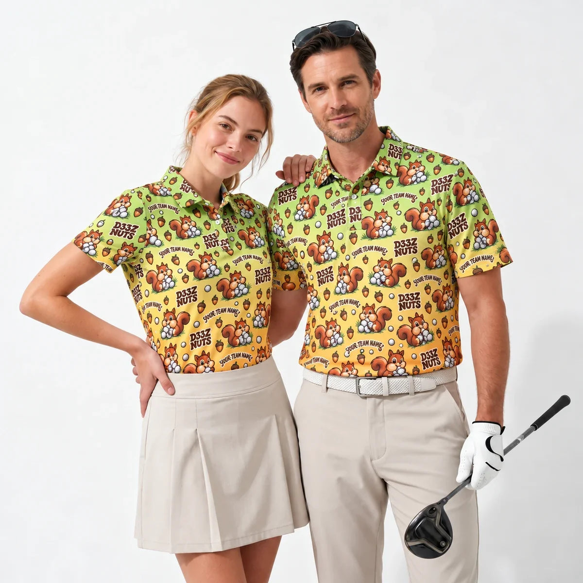 Sublimation Polo Shirt Squirrel Nuts funny golf polo worn by two golfers