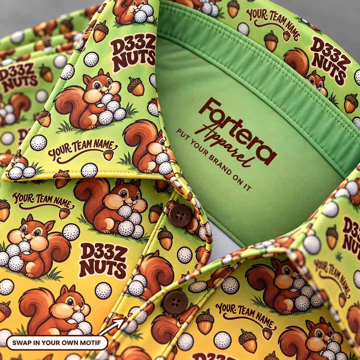 Close-up of the squirrel nuts print on the collar of a funny golf polo