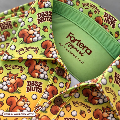 Close-up of the squirrel nuts print on the collar of a funny golf polo