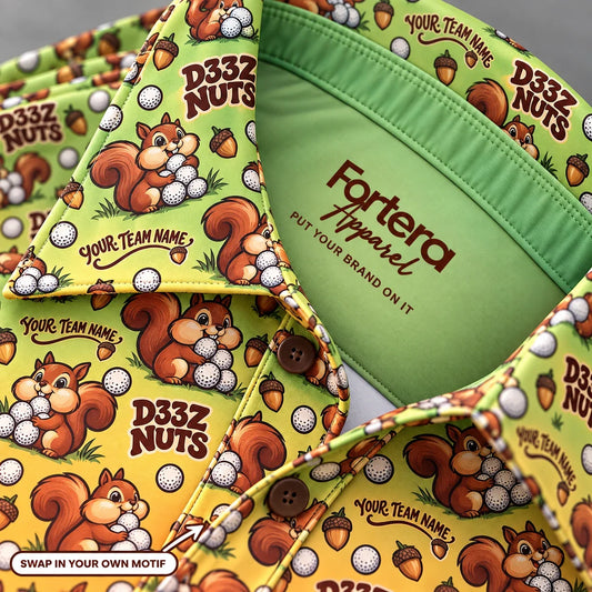 Close-up of the squirrel nuts print on the collar of a funny golf polo