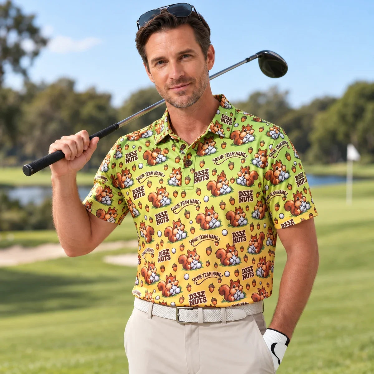 Man wearing the Sublimation Polo Shirt Squirrel Nuts funny golf polo on a golf course