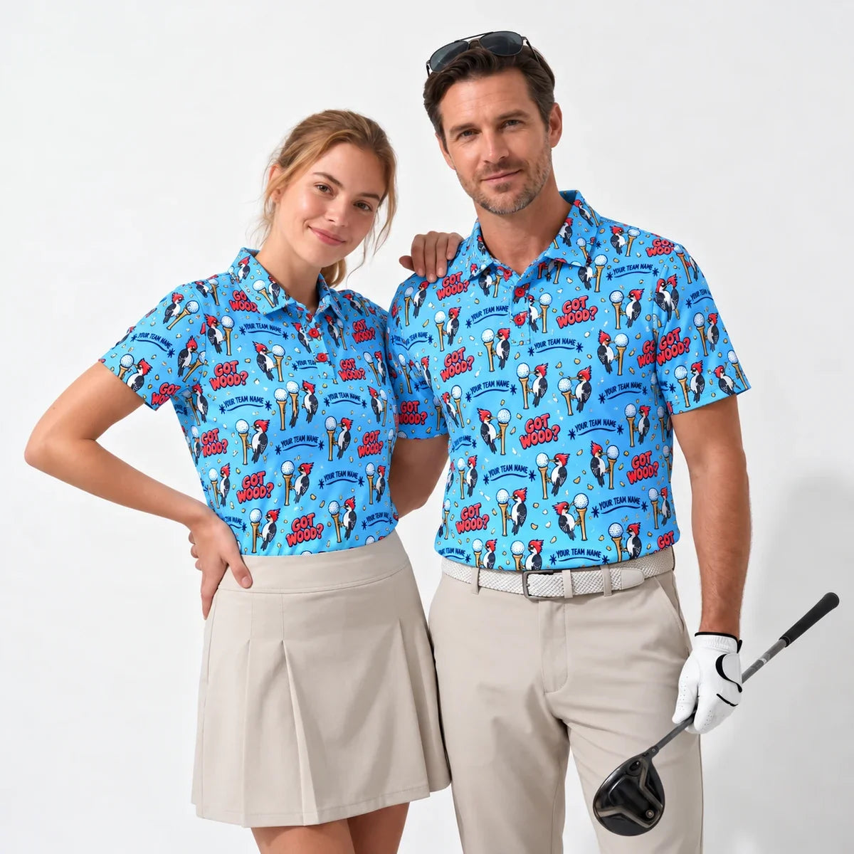 Sublimation Polo Shirt Woodpecker Tee funny golf polo worn by two golfers