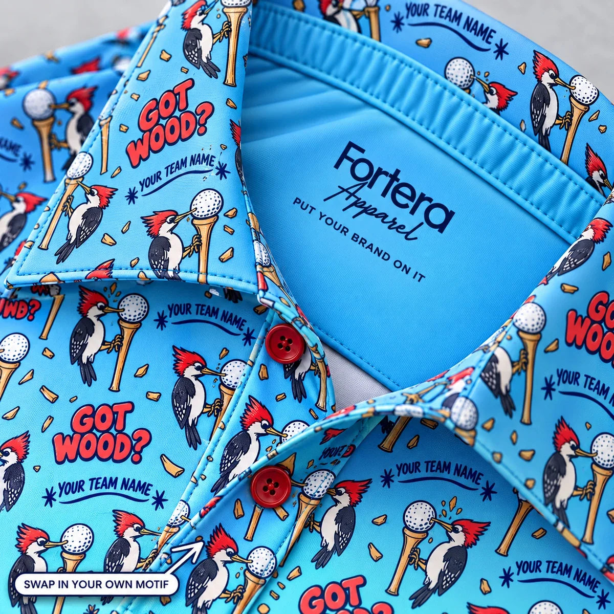 Close-up of the woodpecker tee print on the collar of a funny golf polo