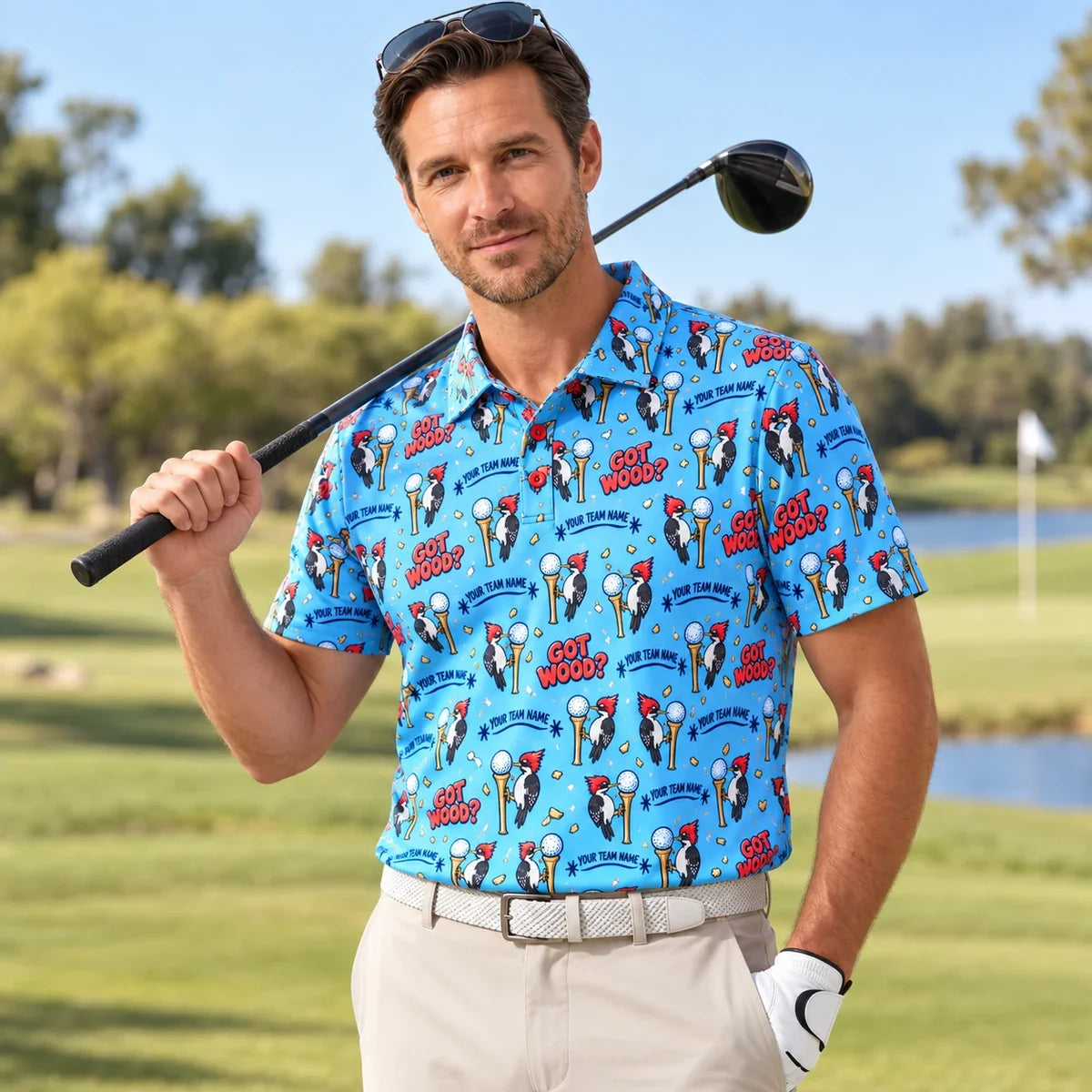 Man wearing the Sublimation Polo Shirt Woodpecker Tee funny golf polo on a golf course
