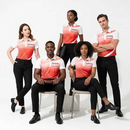 Sublimation Polo Shirt for Teams Ombre Gradient worn by team in studio - Fortera Apparel