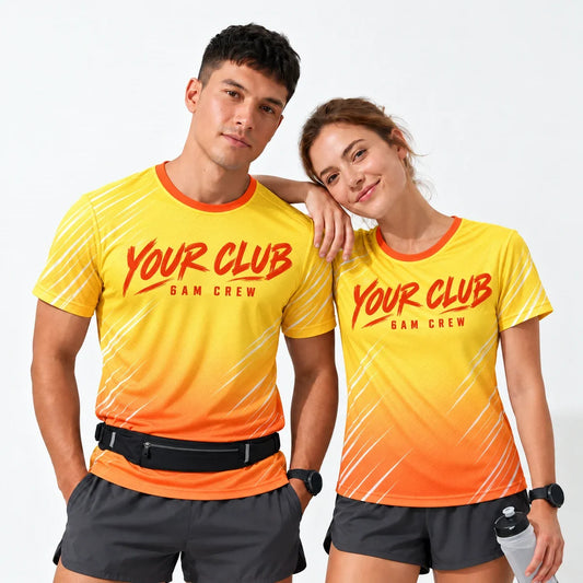 Sunrise Pace Yellow Running Shirt worn by a man and a woman