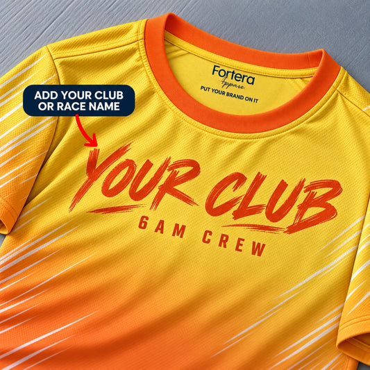 Close-up of the Sunrise Pace Yellow Running Shirt design and neck label