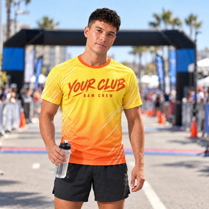 Runner wearing the Sunrise Pace Yellow Running Shirt at a race finish line