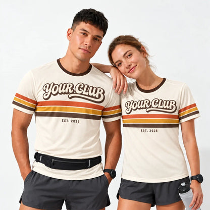 Sunset Stripes Retro Running Shirt worn by a man and a woman