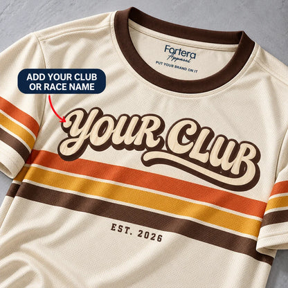 Close-up of the Sunset Stripes Retro Running Shirt design and neck label