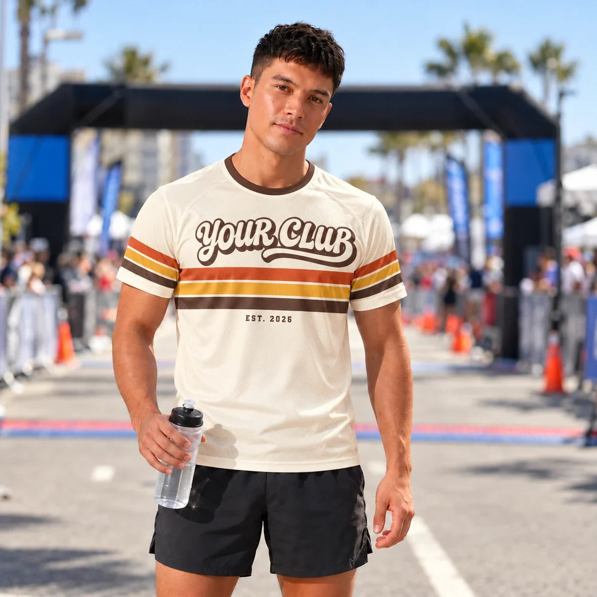 Runner wearing the Sunset Stripes Retro Running Shirt at a race finish line