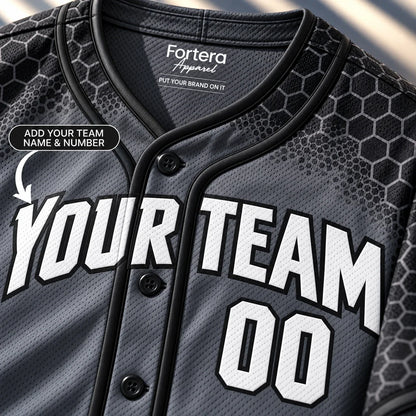 Close-up of the Tactical Charcoal mens softball jersey lettering and piping