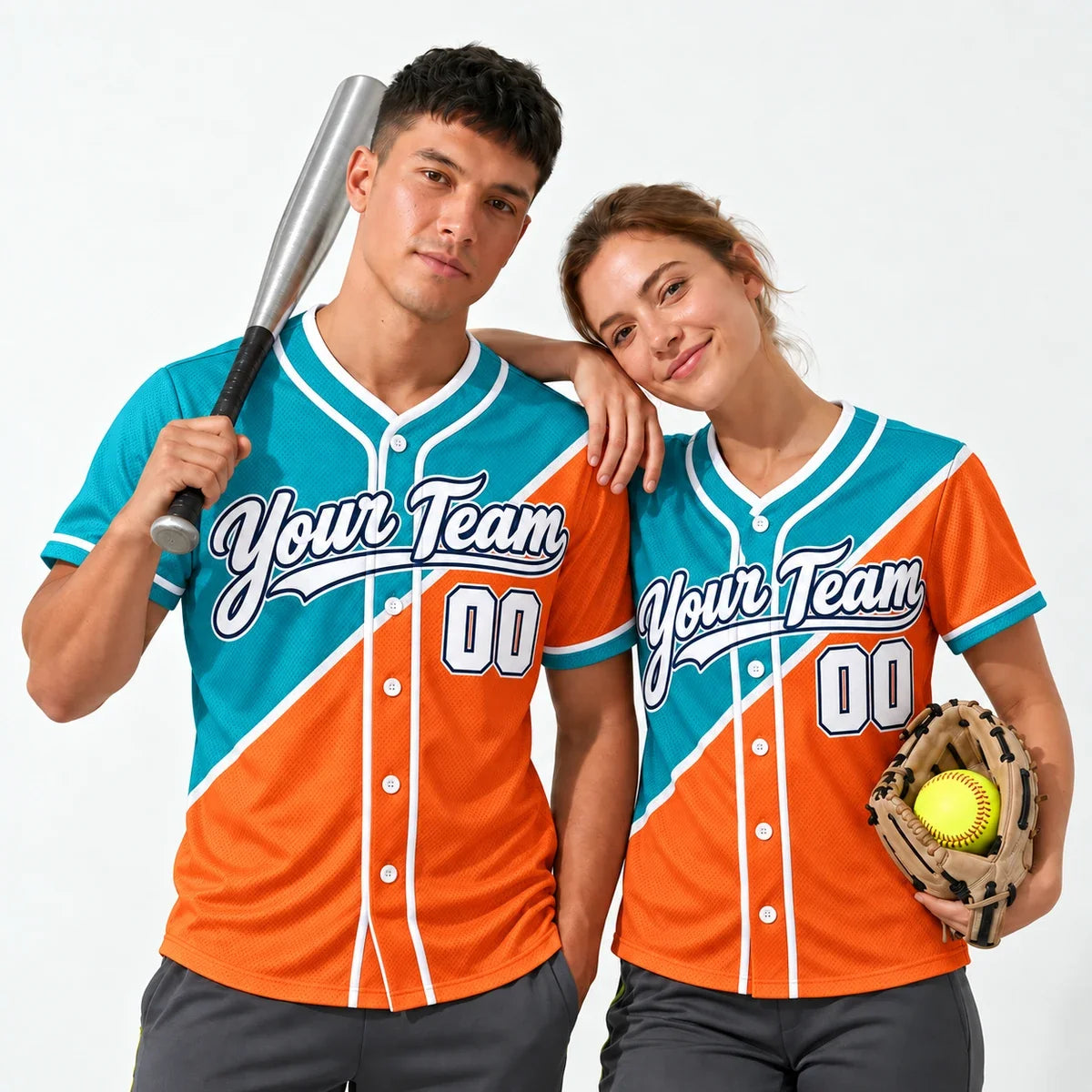 Teal Orange Split coed softball jersey worn by a baseball player and a softball player