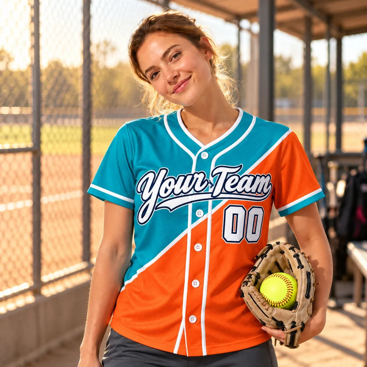 Teal Orange Split coed softball jersey on a softball field