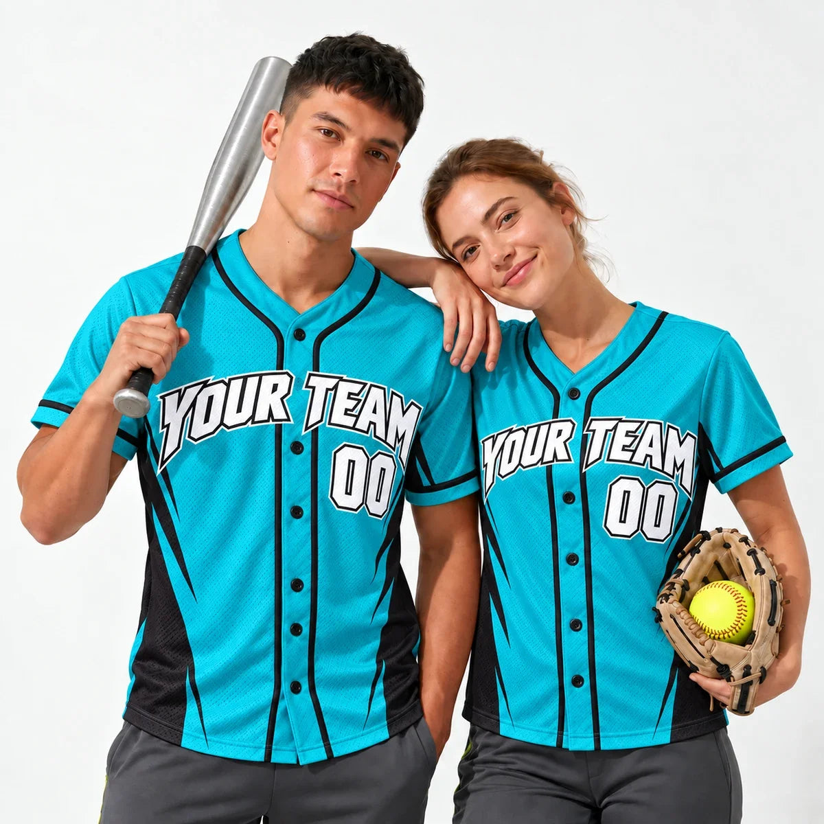 Teal Power Panel fastpitch softball jersey worn by a baseball player and a softball player