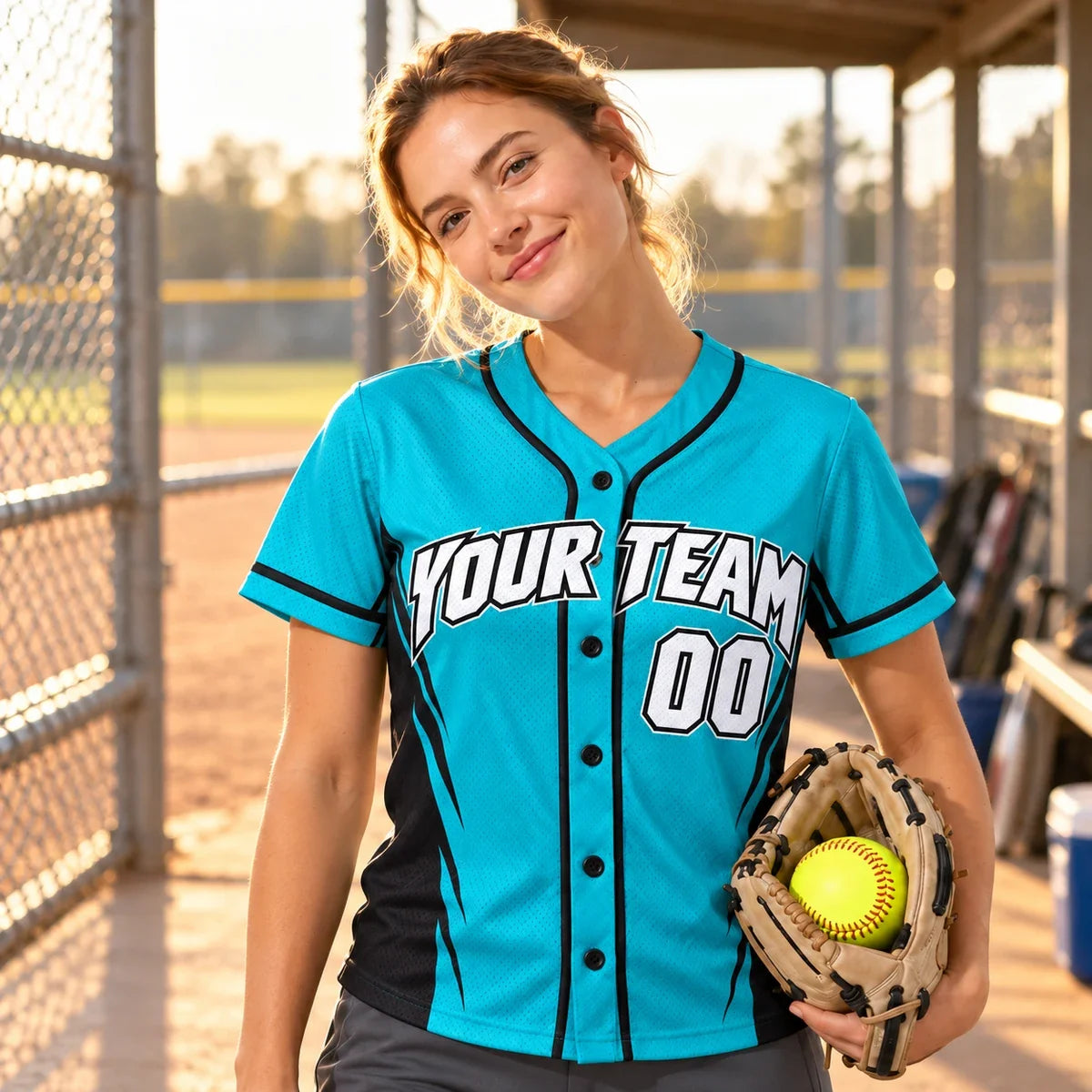 Teal Power Panel fastpitch softball jersey on a softball field