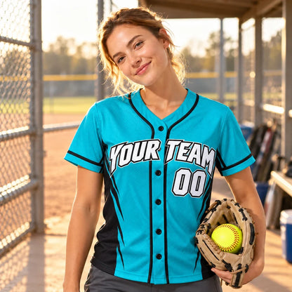 Teal Power Panel fastpitch softball jersey on a softball field
