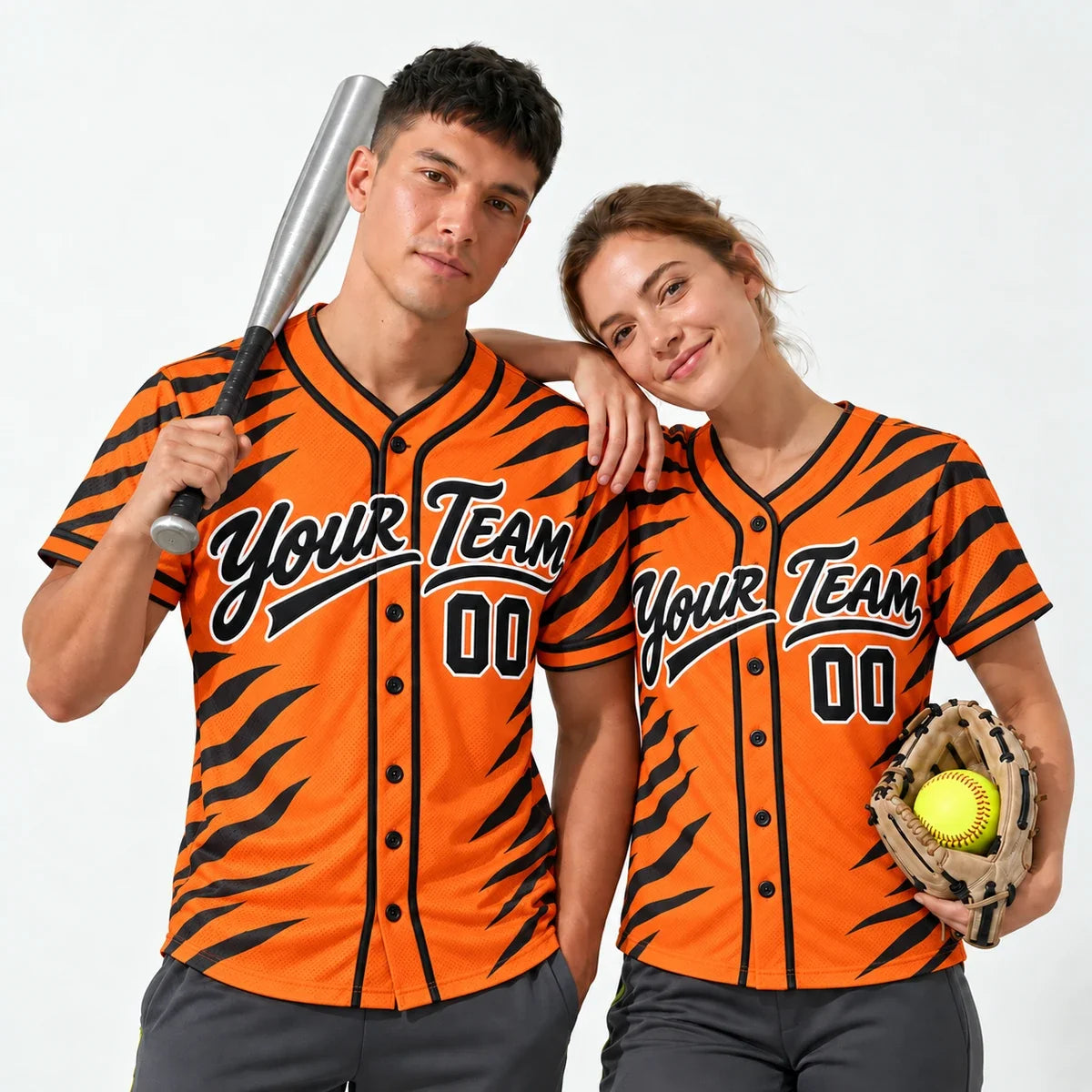 Tiger Stripe orange and black baseball jersey worn by a baseball player and a softball player