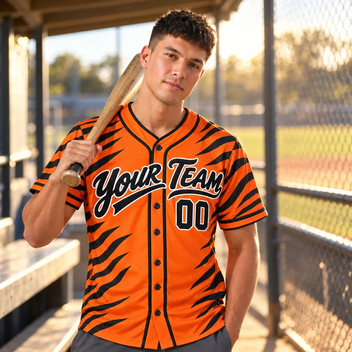 Tiger Stripe orange and black baseball jersey on a baseball field