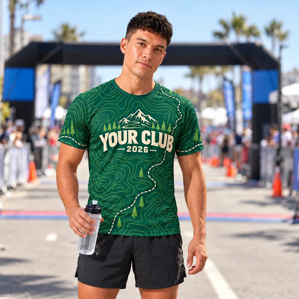 Runner wearing the Topo Trail Cross Country Shirt at a race finish line