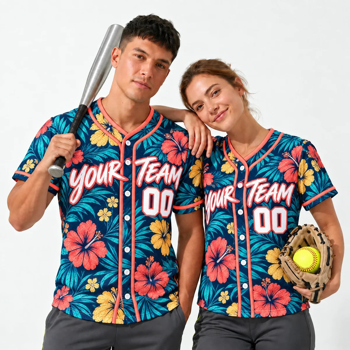 Tropical Navy hawaiian baseball jersey worn by a baseball player and a softball player