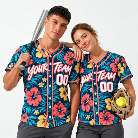 Tropical Navy hawaiian baseball jersey worn by a baseball player and a softball player
