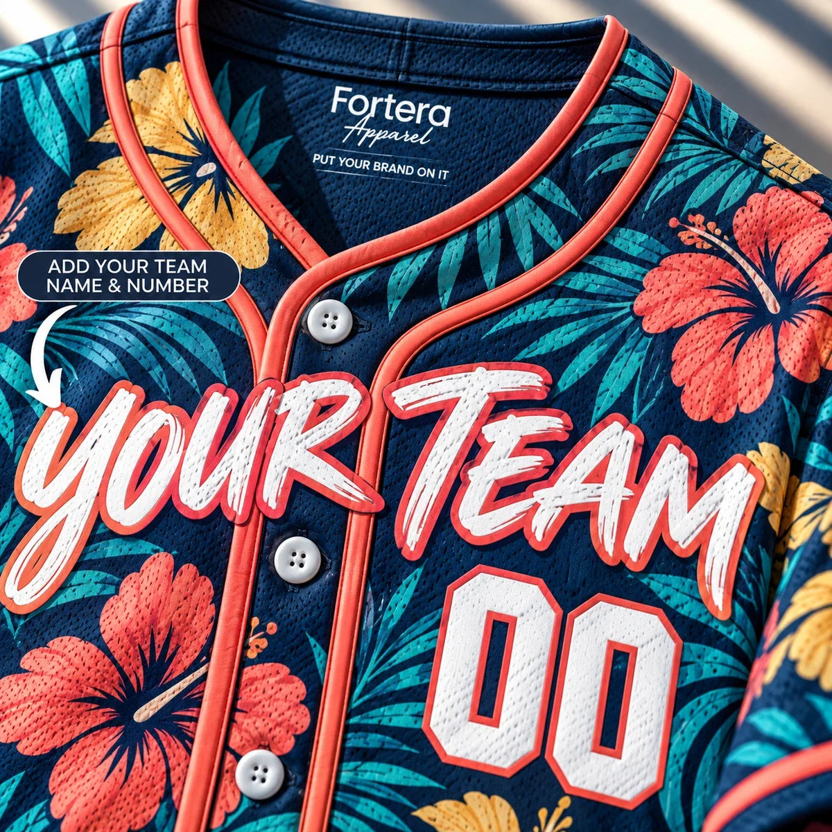 Close-up of the Tropical Navy hawaiian baseball jersey lettering and piping
