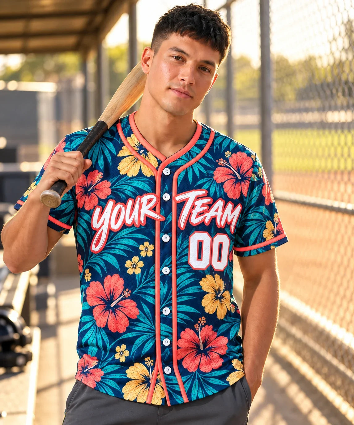 Tropical Navy hawaiian baseball jersey on a baseball field