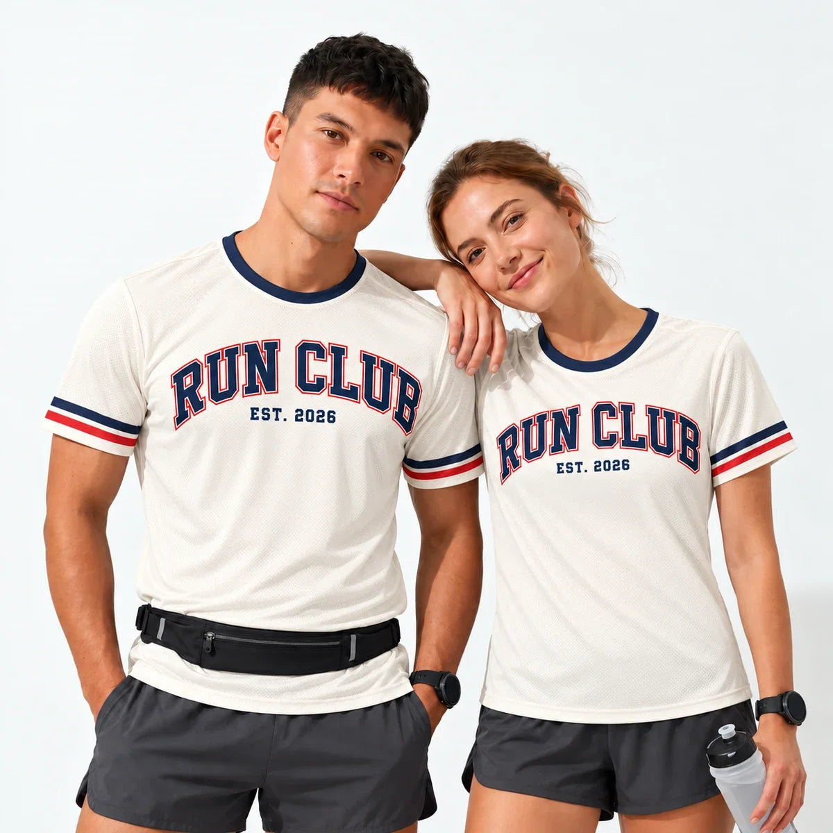Varsity Arch Run Club Shirt worn by a man and a woman