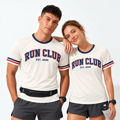 Varsity Arch Run Club Shirt worn by a man and a woman