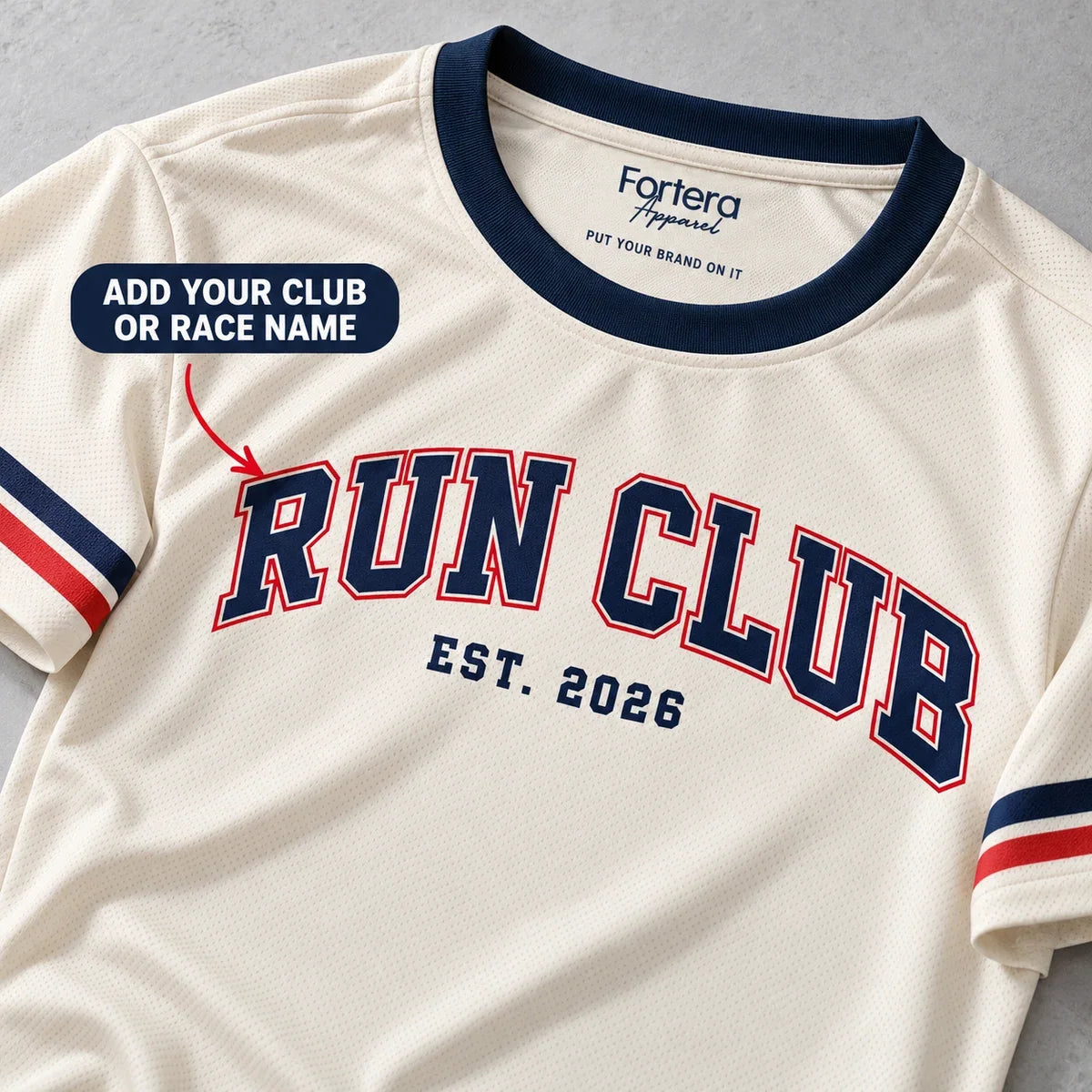 Close-up of the Varsity Arch Run Club Shirt design and neck label