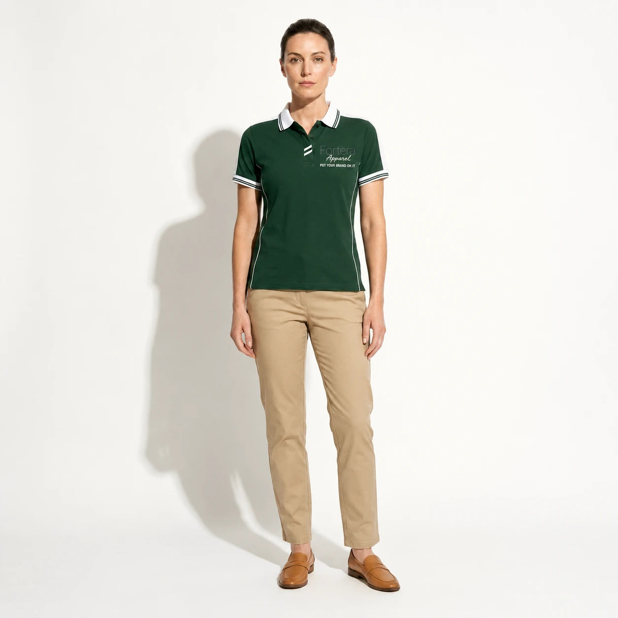 Custom embroidered team polo shirt in green and white