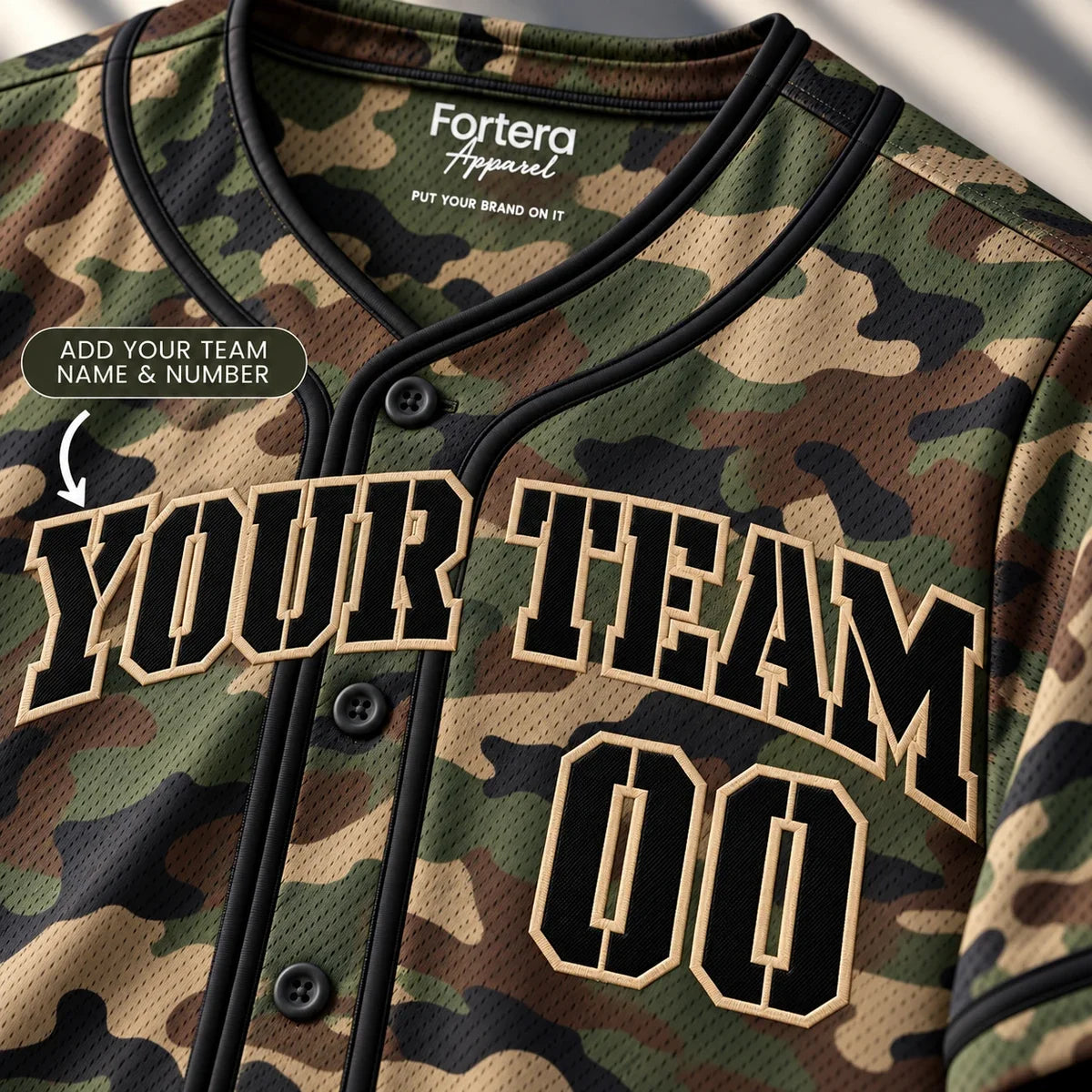Close-up of the Woodland Camo camo baseball jersey lettering and piping