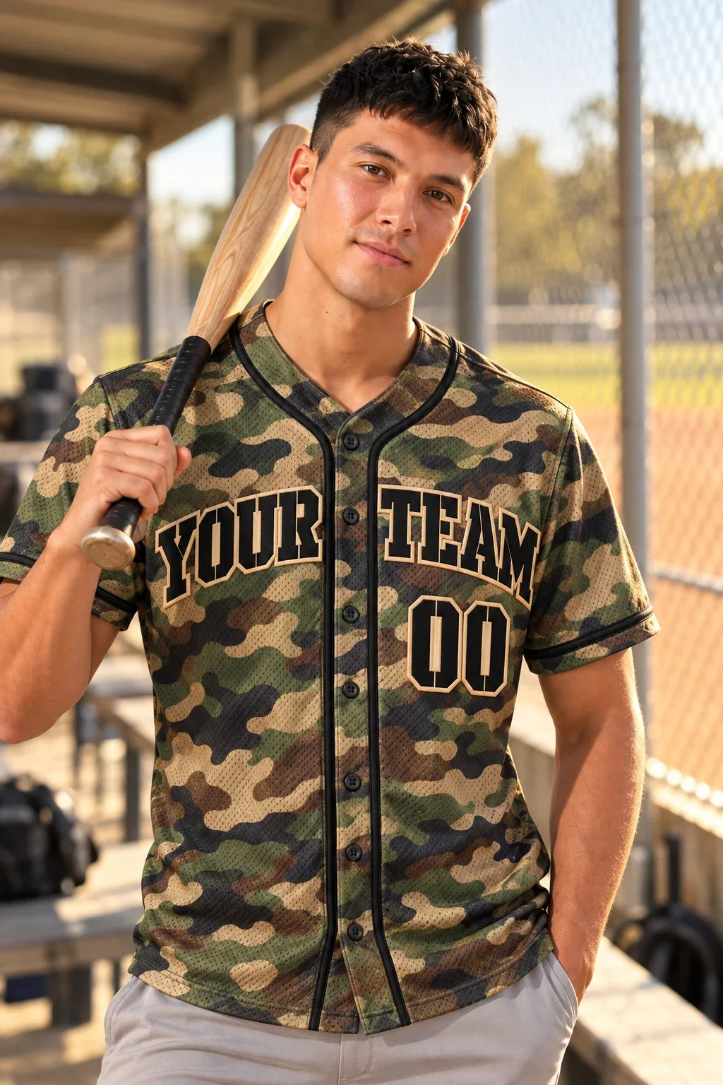 Woodland Camo camo baseball jersey on a baseball field