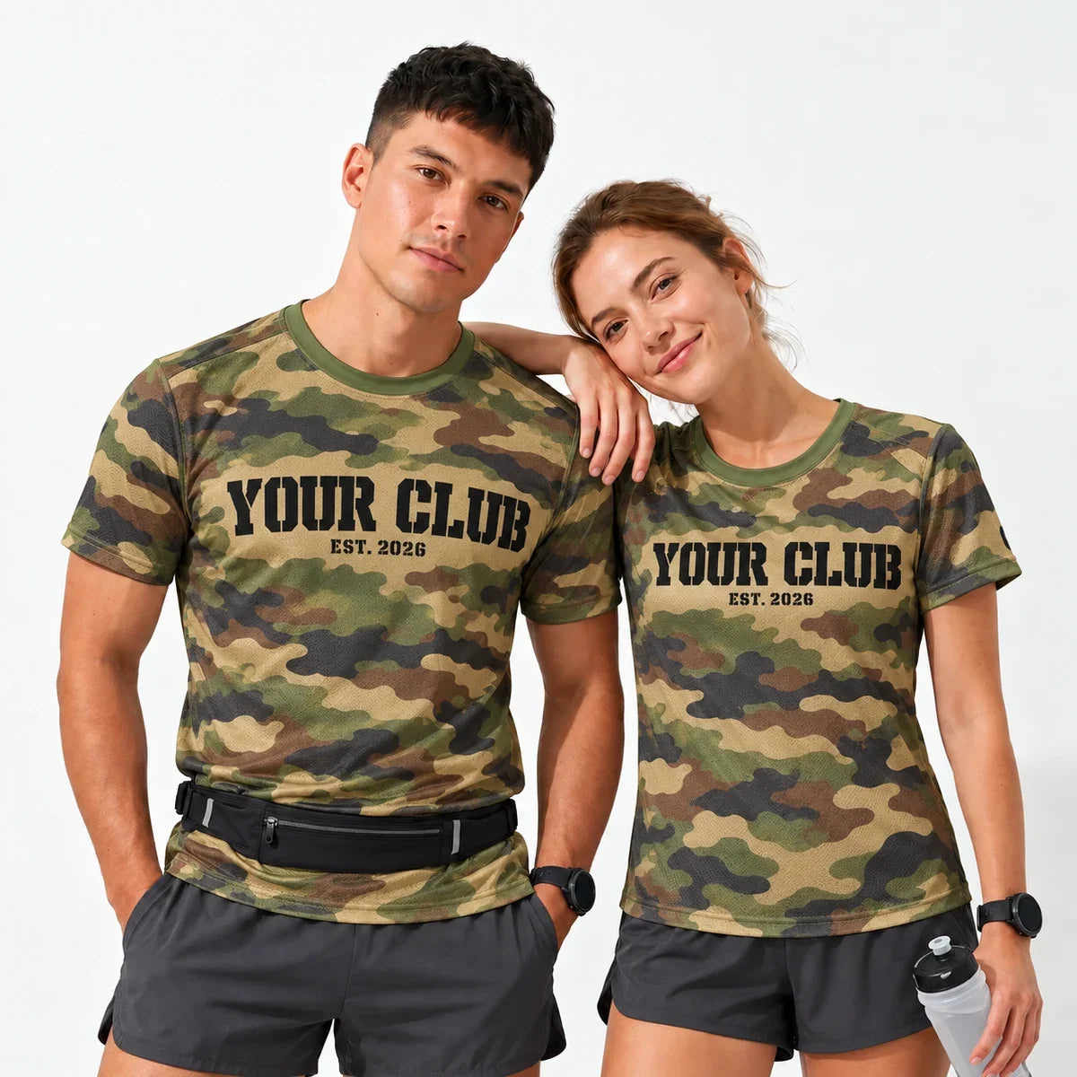 Woodland Trail Camo Running Shirt worn by a man and a woman