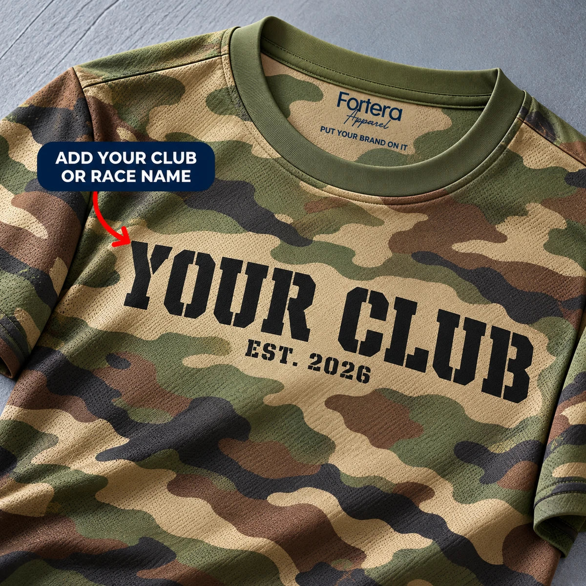Close-up of the Woodland Trail Camo Running Shirt design and neck label