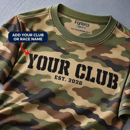 Close-up of the Woodland Trail Camo Running Shirt design and neck label