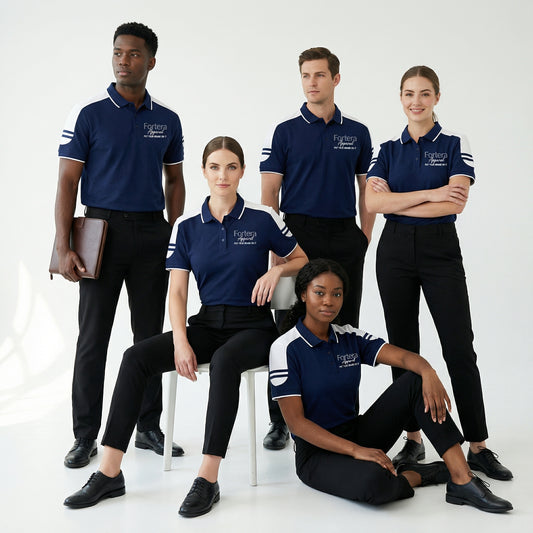 Navy work polo shirt with embroidered logo and white shoulder block panel