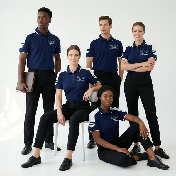 Navy work polo shirt with embroidered logo and white shoulder block panel