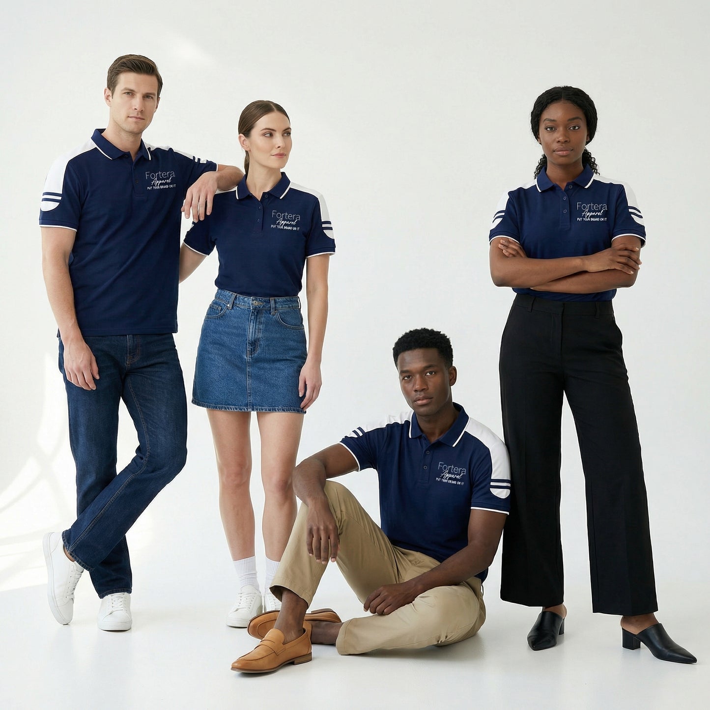 Navy work polo shirt with embroidered logo and white shoulder block panel - back view
