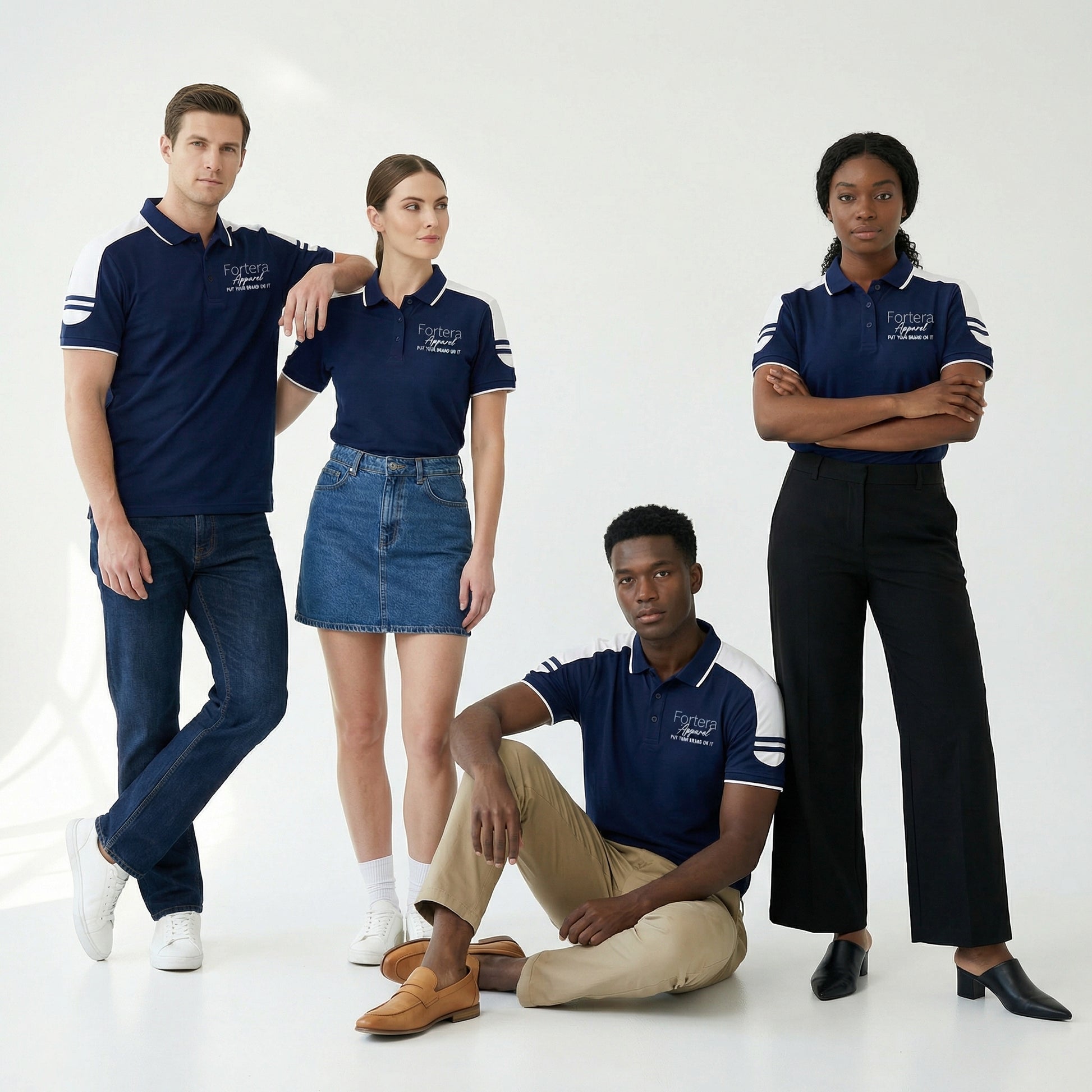 Navy work polo shirt with embroidered logo and white shoulder block panel - back view