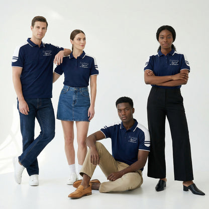 Navy work polo shirt with embroidered logo and white shoulder block panel - back view