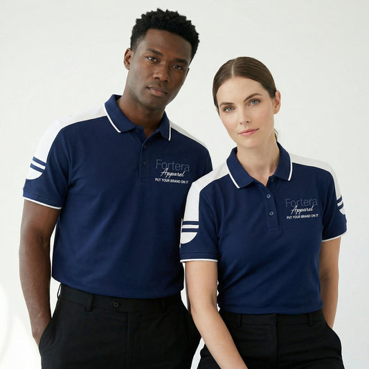Navy work polo shirt with embroidered logo and white shoulder block panel - side view